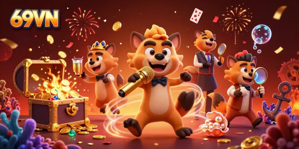 Experience the excitement at 69VN's comedy casino with vibrant characters and colorful casino elements in action.