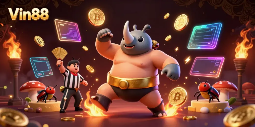 Experience thrilling action at Vin88 with a 3D cartoon beetle champion amidst glowing coins and blockchain elements.