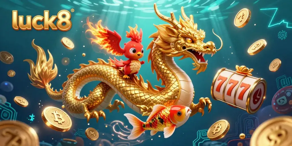 Experience thrilling gameplay with luck8 featuring a dragon, phoenix, and koi fish surrounded by slot game elements.