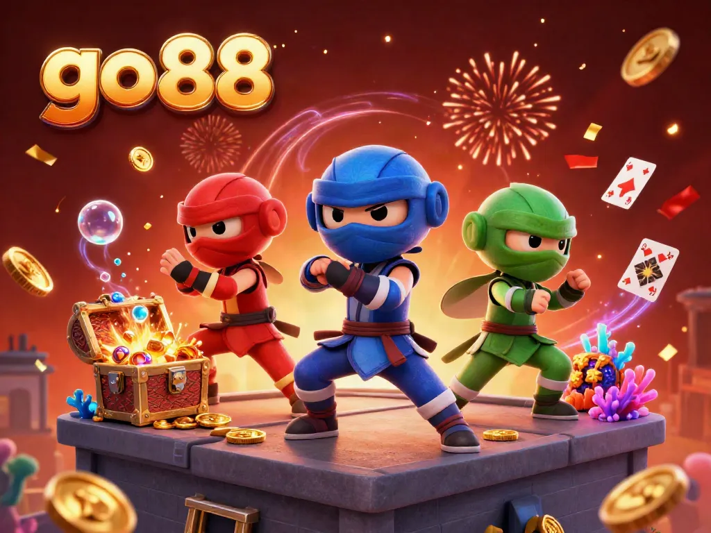Experience intense gaming action at go 88 with dynamic chameleon ninjas amidst treasure and thrilling casino elements.