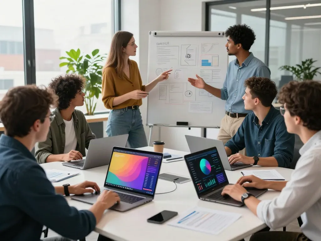 Paid Ads Management strategy session with a diverse team brainstorming ideas in a modern office.