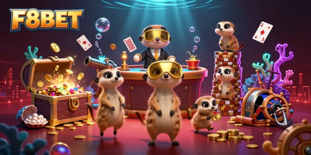 Experience the thrilling world of F8BET with meerkats operating a lively casino in this 3D illustration.