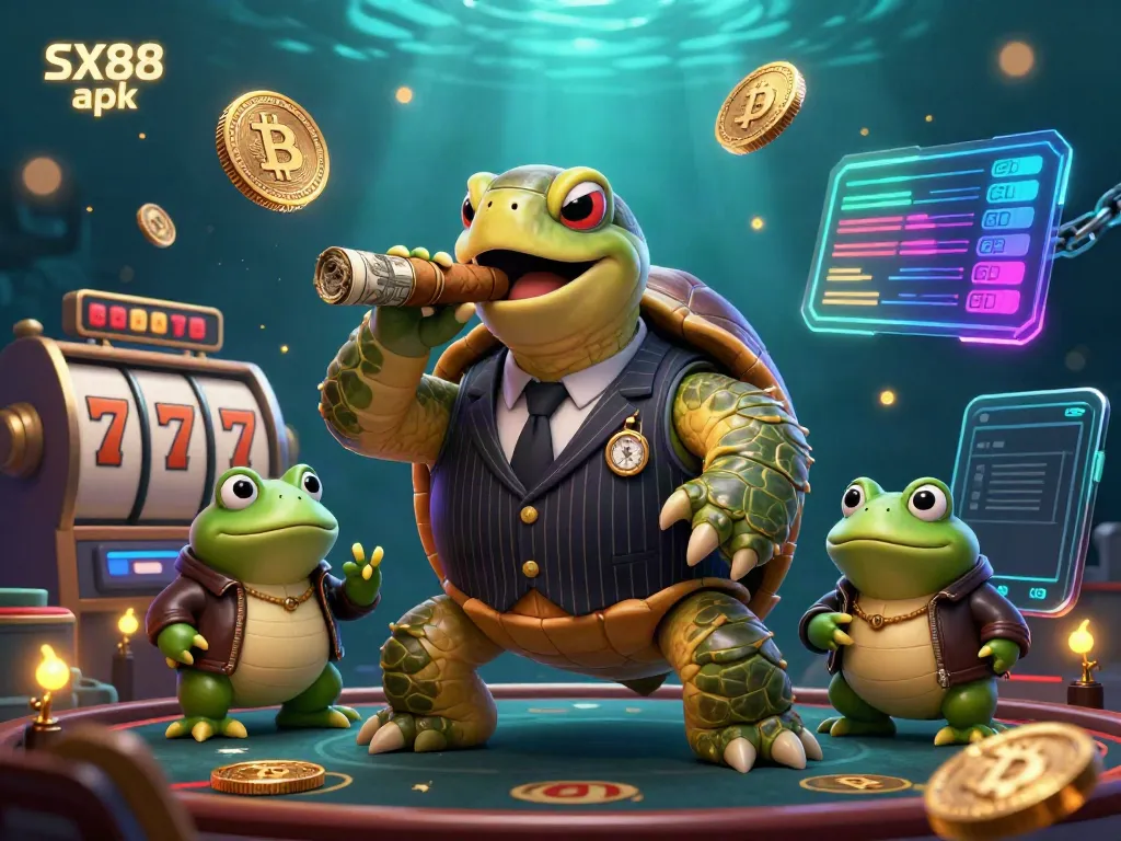 Experience gaming excitement with SX88 apk as a cartoon turtle and bullfrogs interact in a vibrant casino scene.