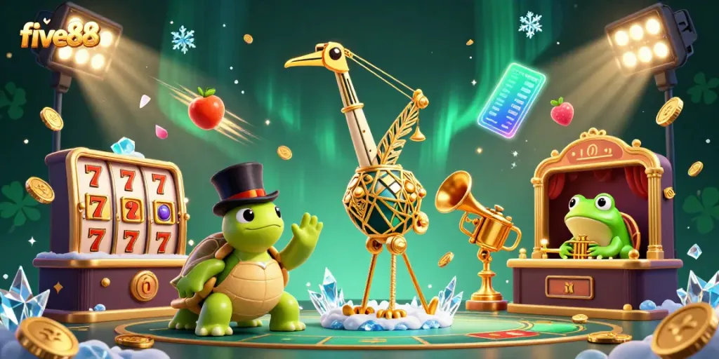 Experience the excitement of five88 with a vibrant casino scene featuring unique characters and dynamic gaming elements.