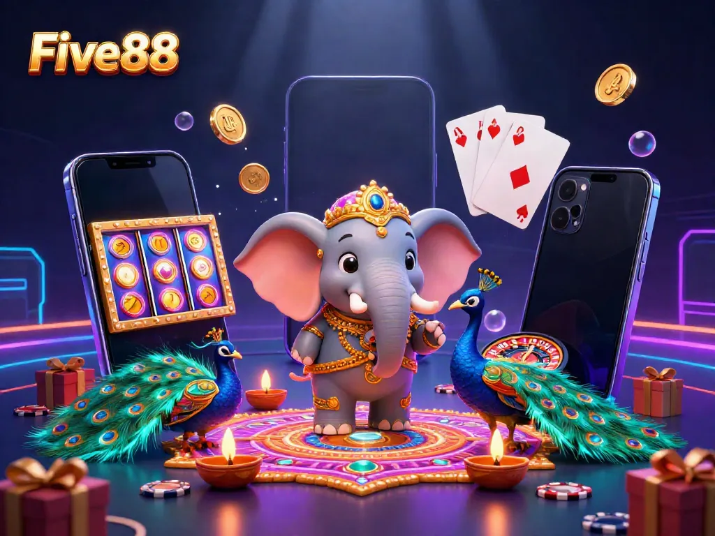 Experience the excitement at Five88 with a vibrant scene featuring an elephant, peacock, and casino elements.