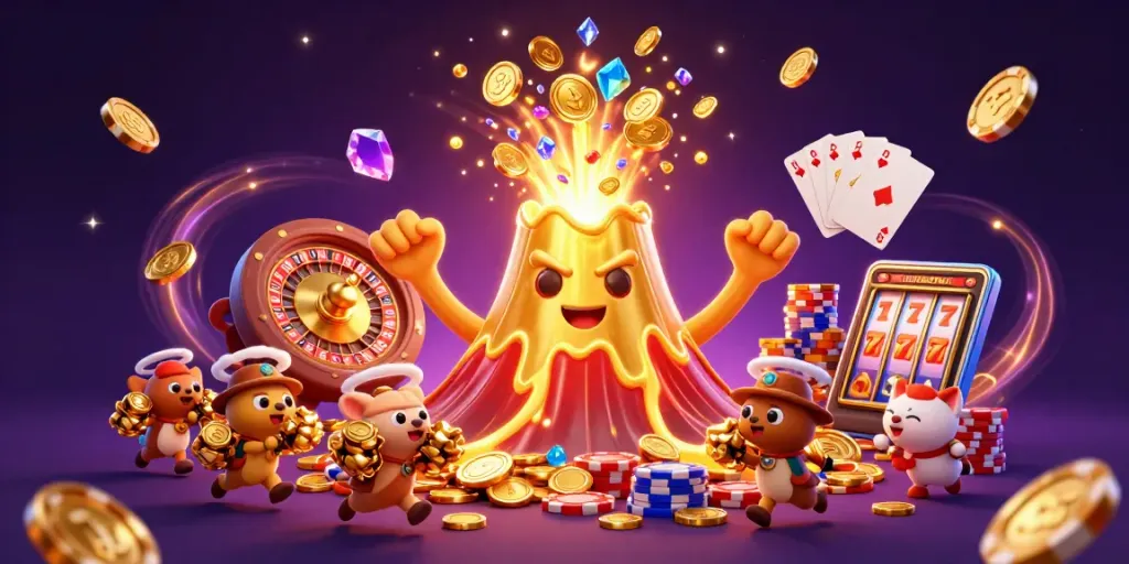 JD88 casino illustration showcasing a golden volcano bursting with treasure and vibrant gaming elements.