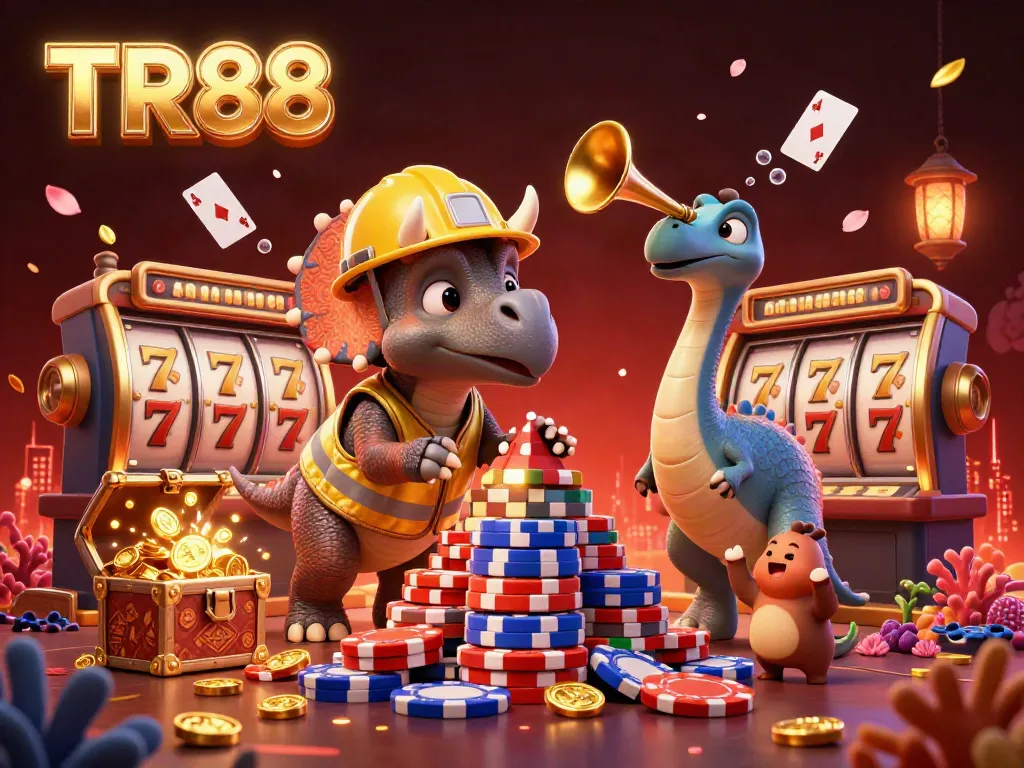 TR88 showcases a triceratops stacking poker chips surrounded by casino elements and cheerful companions.