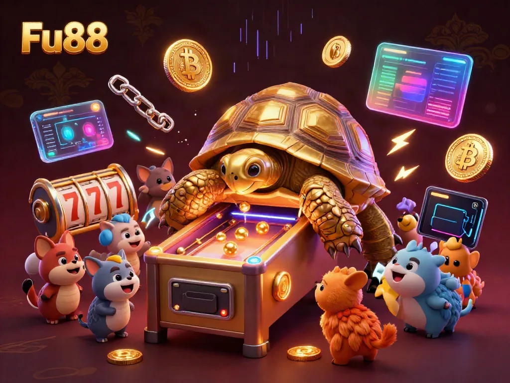 Play Fu88 with a colossal golden tortoise pinball machine and excited animals in a vibrant casino scene.