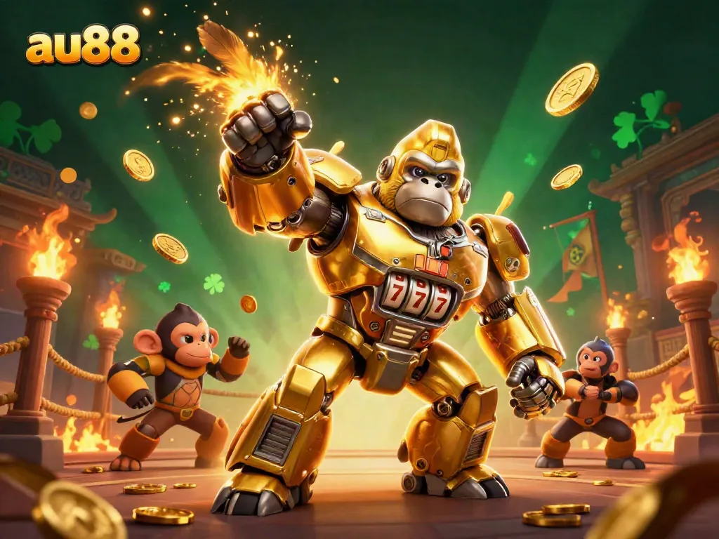 Engage in thrilling action with au88's golden gorilla mech amidst coins and vibrant casino elements.