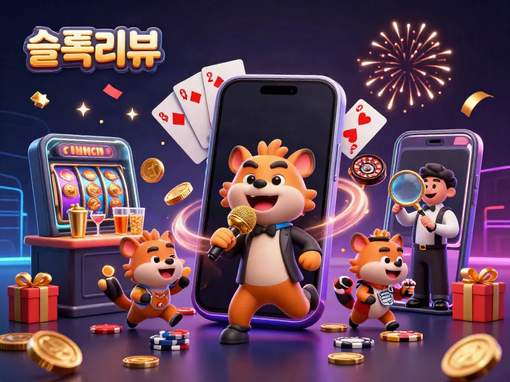 Engaging 3D illustration of a comedy casino club scene, showcasing a hyena stand-up comedian, a bartender, and casino gaming elements, highlighting 슬롯리뷰.