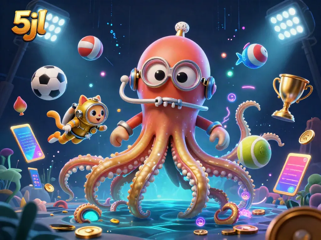 Experience the thrilling 5jl action with a colossal kraken and diving cat in a vibrant casino scene