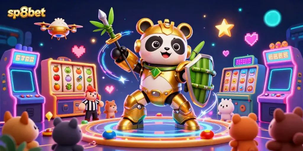 Play thrilling slot games with sp8bet's exciting jackpot and bright casino elements in a vibrant 3D scene.