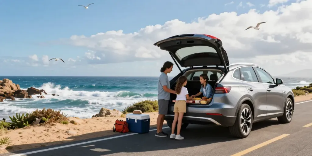 Family enjoying a weekend road trip in a desirable car at a scenic coastal overlook, highlighting adventure and joy.