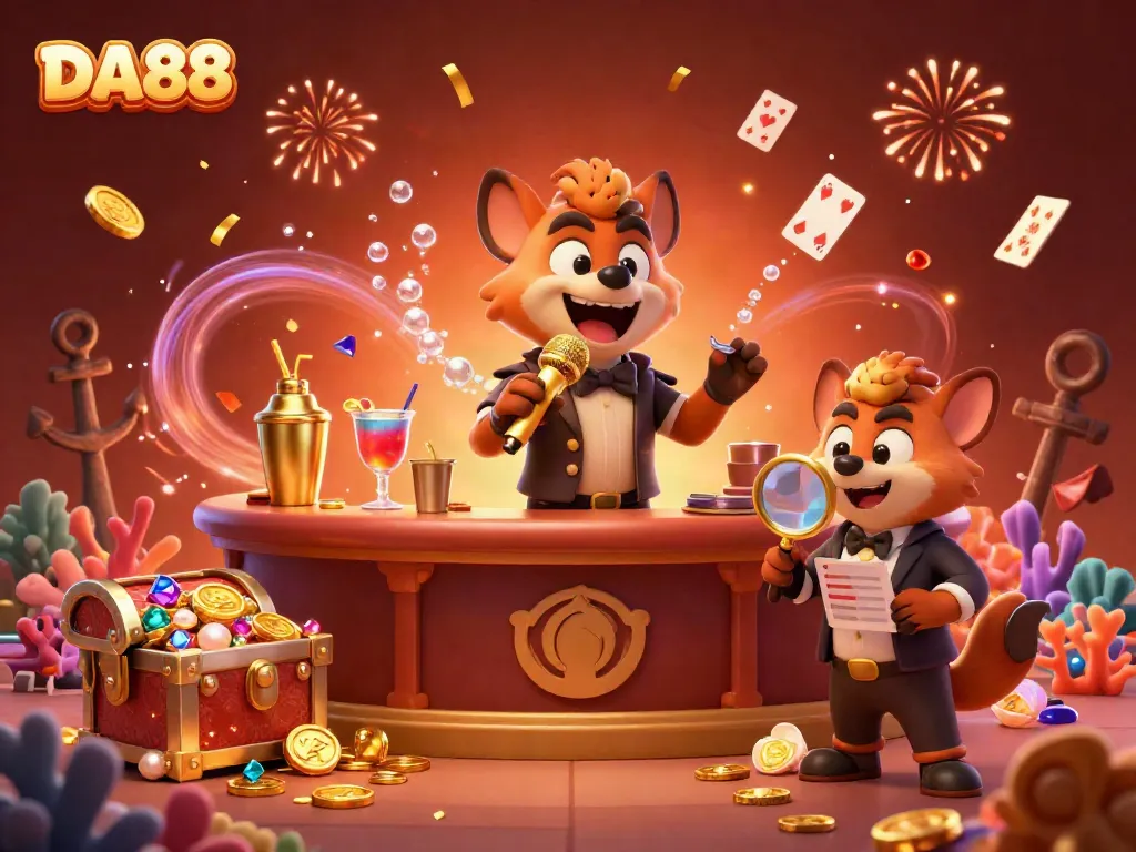 Hyenas in a vibrant DA88 casino scene featuring a comedian, bartender, and bouncer surrounded by treasure.