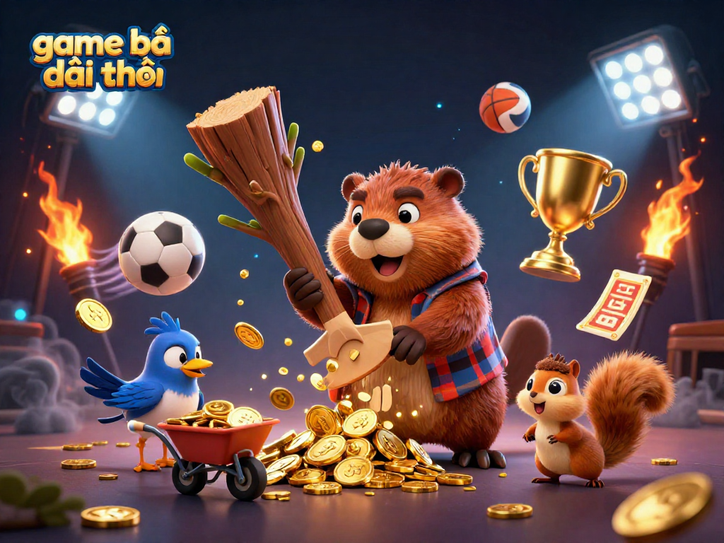 Engage in exciting game bài đổi thưởng with a detailed 3D cartoon scene featuring playful characters and dynamic sports elements.