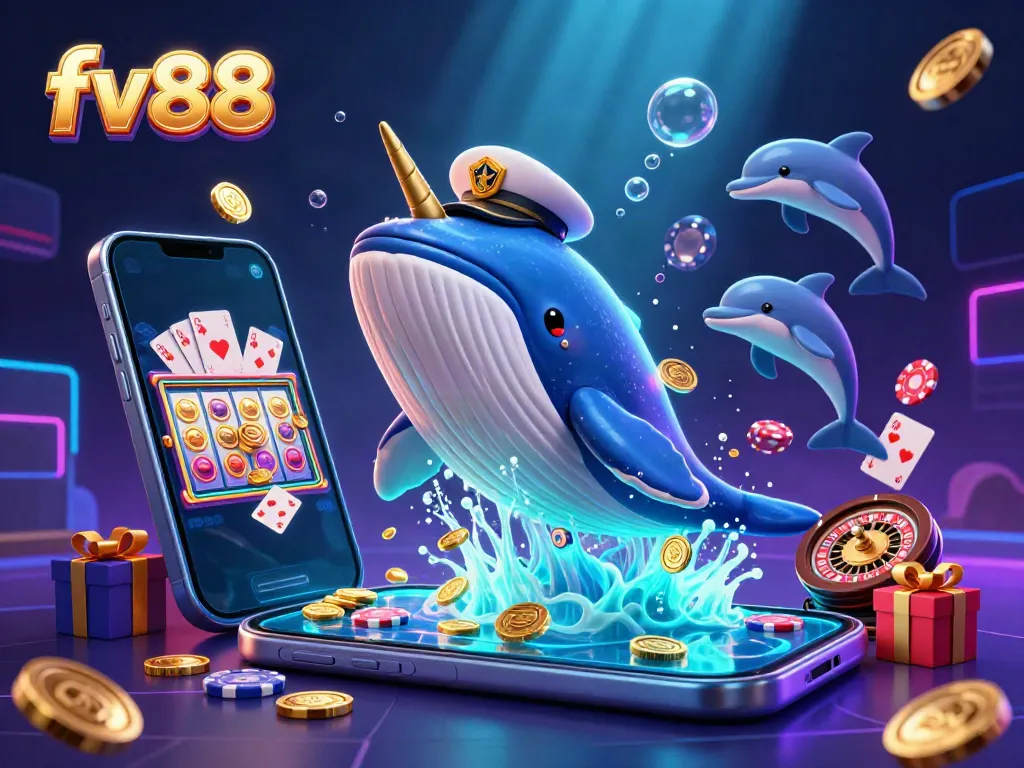 Experience the thrill of fv88 with a vibrant casino scene featuring a whale, narwhal, and dolphins surrounded by treasures.