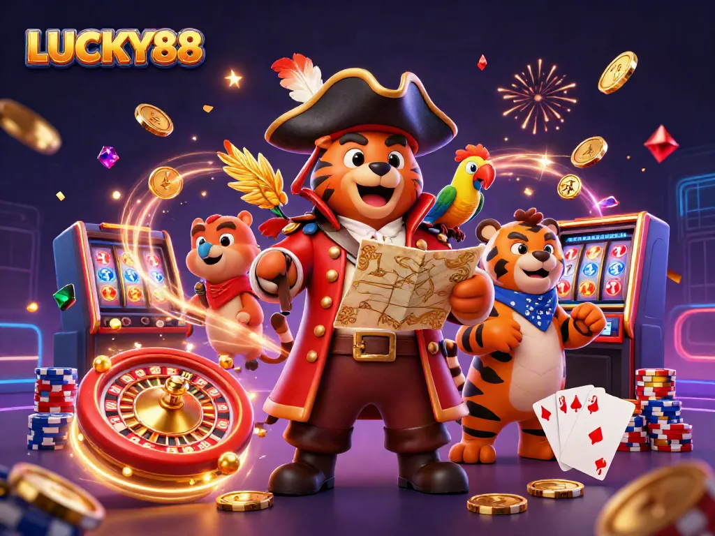 LUCKY88 pirate-themed casino adventure illustration with characters, gold coins, and vibrant game elements.