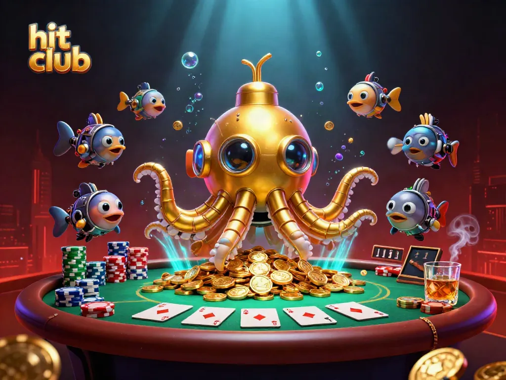 Engaging hit club scene with a golden submarine and poker elements illuminated in bioluminescent colors.