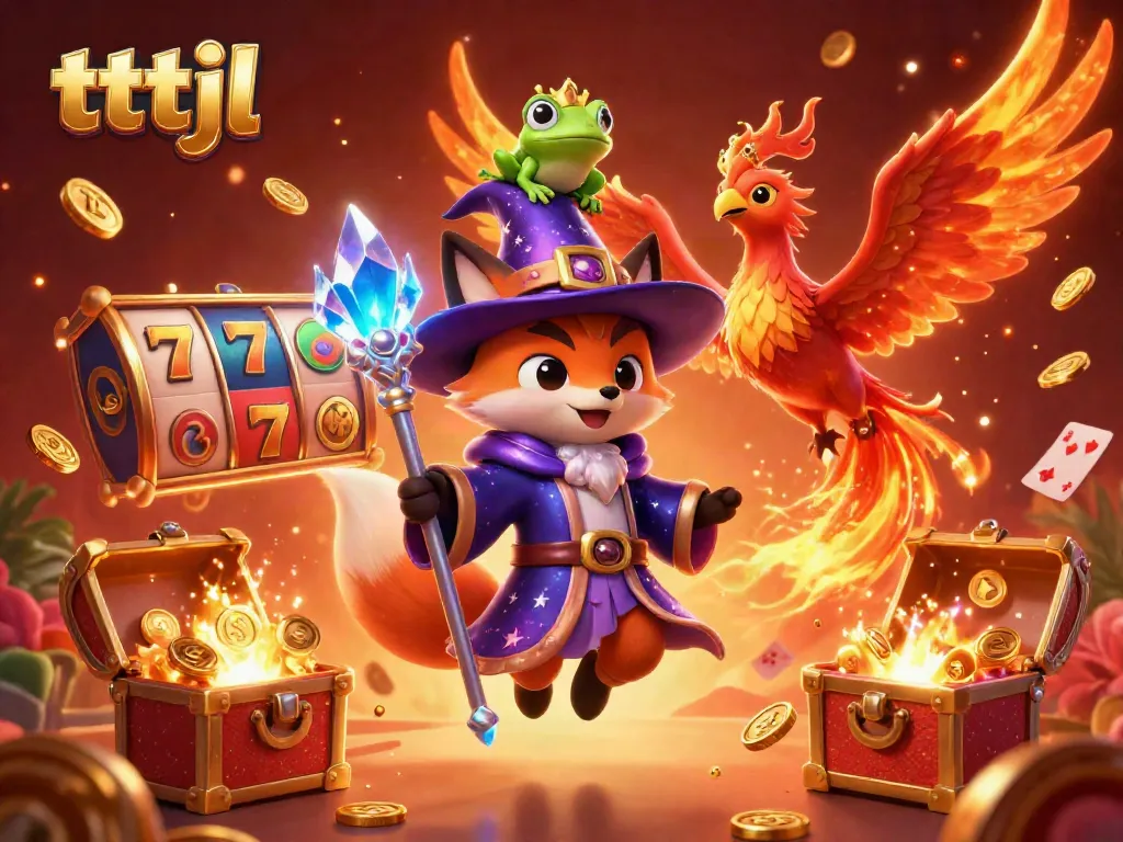 Experience tttjl's casino magic with a wizard fox and phoenix amid vibrant slot reels and treasures.