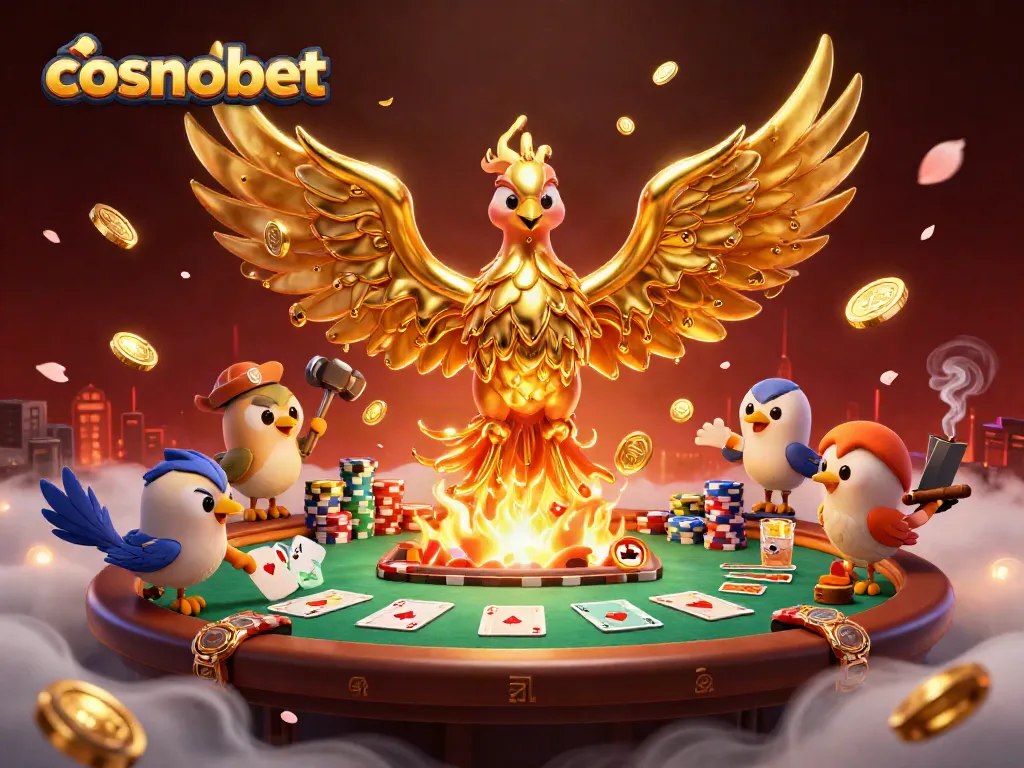 Experience thrilling casino action with cosmobet as molten golden phoenix and vibrant poker elements create excitement.