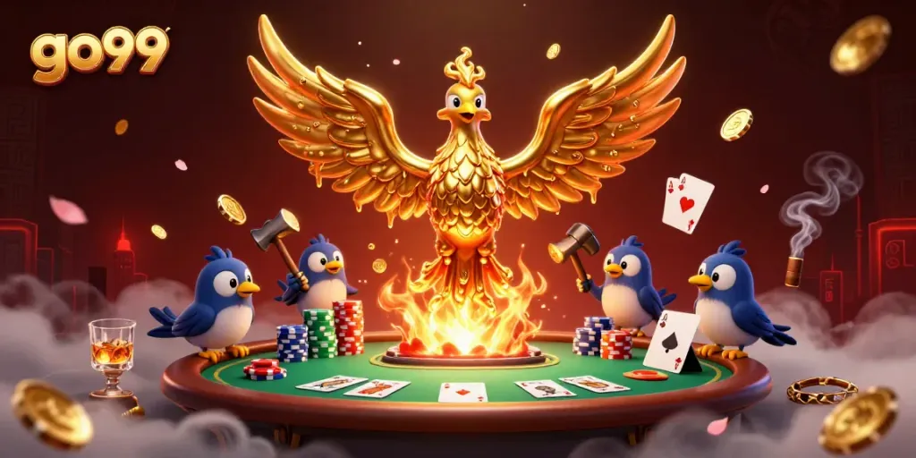 Experience go99 with a vibrant 3D illustration featuring a golden phoenix and poker elements in a dynamic casino environment.