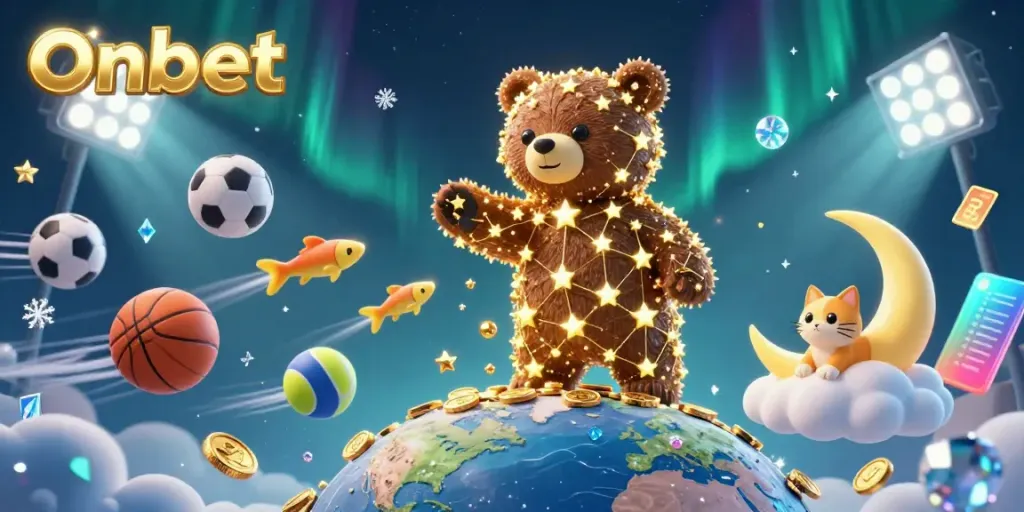 Experience the thrill of Onbet with a cosmic-themed 3D illustration of a constellation bear gathering coins amidst sports betting elements.