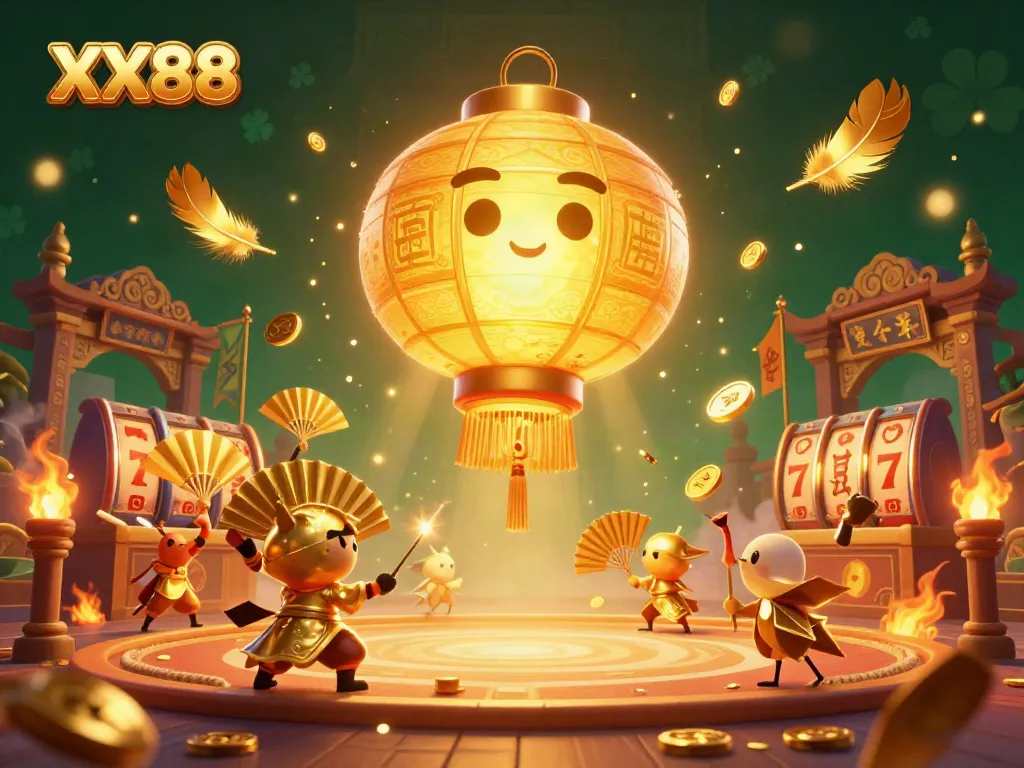 Engage in exciting gameplay with XX88 at a lively casino featuring golden lantern spirit and fortune symbols.