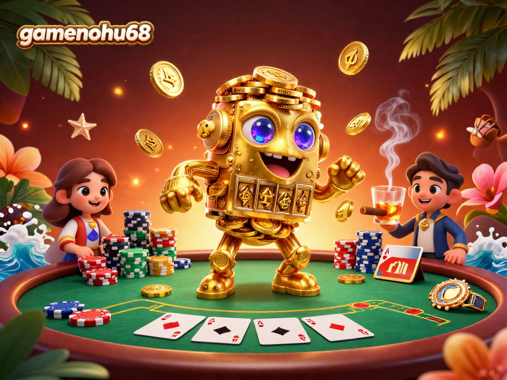 Engage with gamenohu68's exciting poker action featuring a golden golem amidst vibrant gaming elements.