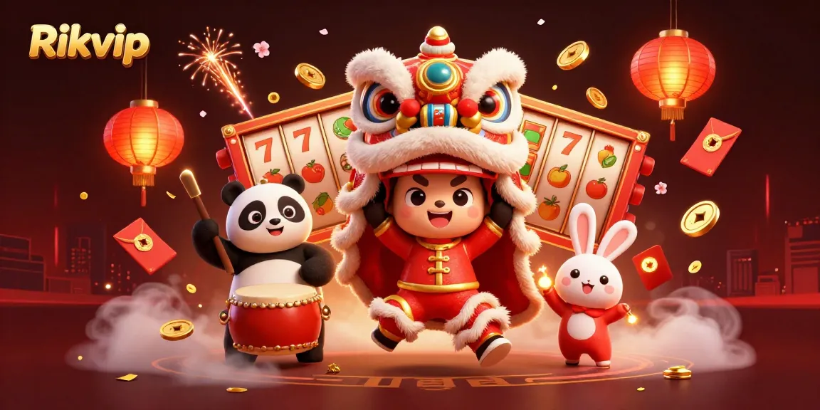 Rikvip gaming experience with vibrant characters and slot elements illuminating the festive scene.