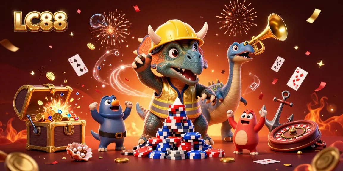 Celebrate with LC88 as a triceratops builds poker chips, surrounded by vibrant casino elements.
