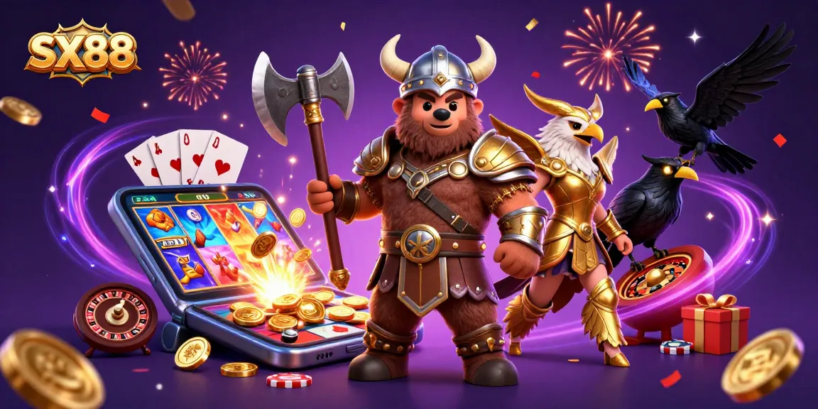 SX88 players engaging with dynamic slots and casino games featuring an animated Viking and Valkyrie.