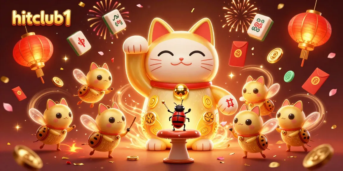 Engage in thrilling gaming at hitclub1 with a lucky cat and fireflies amidst a vibrant casino celebration.
