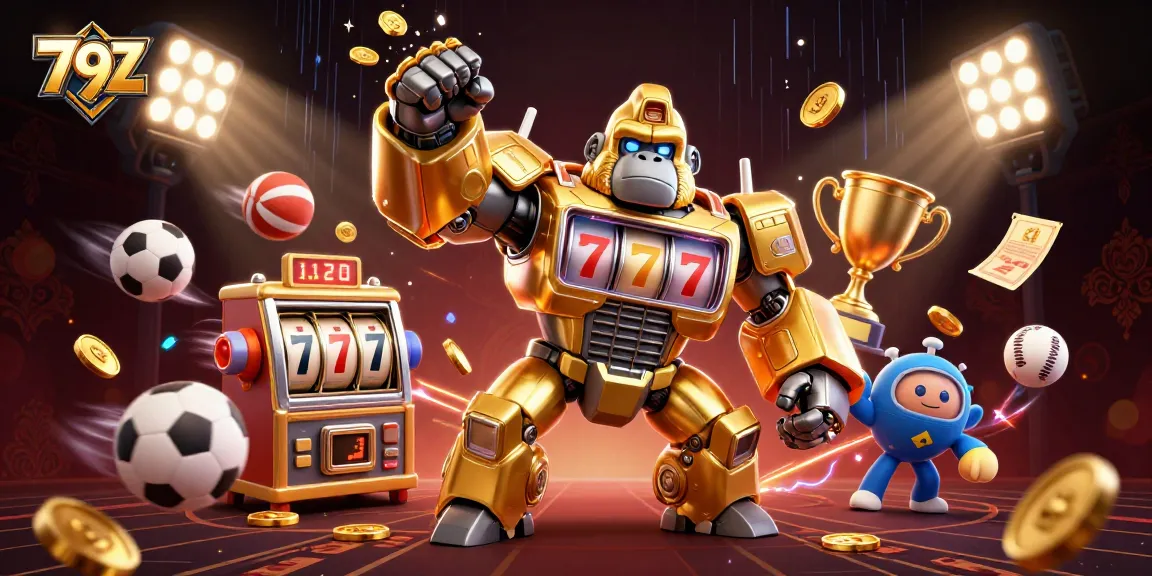 Betting on 79Z with a golden mech and dynamic sports elements in a vibrant casino scene.