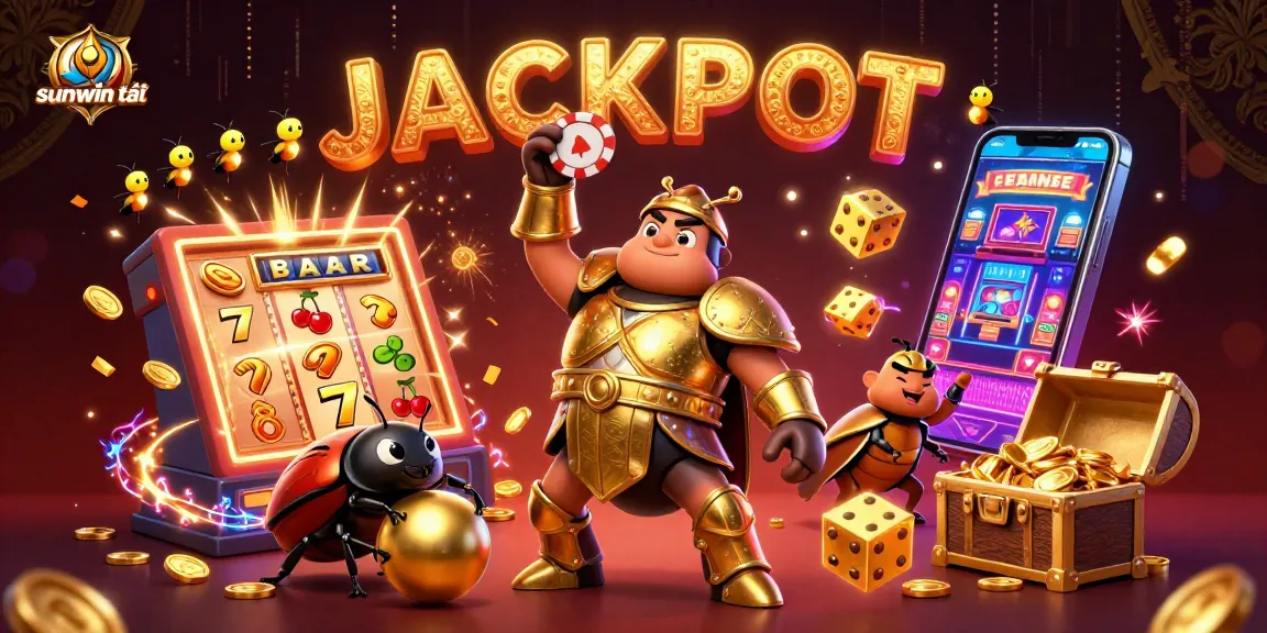 Win big with sunwin tải as a heroic beetle lifts a poker chip amidst a jackpot explosion.