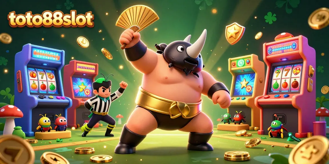 Toto88slot showcases a dynamic 3D scene with a beetle champion stomping coins, highlighting fast access and excitement.