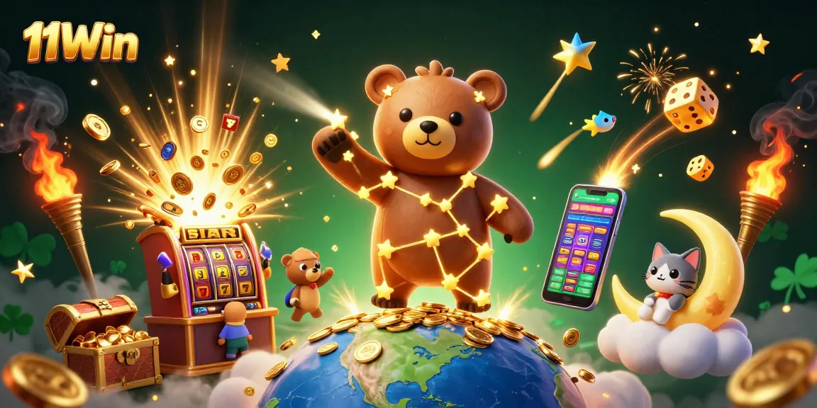 Play exciting games with 11Win at a vibrant casino featuring a golden bear and slot machine.