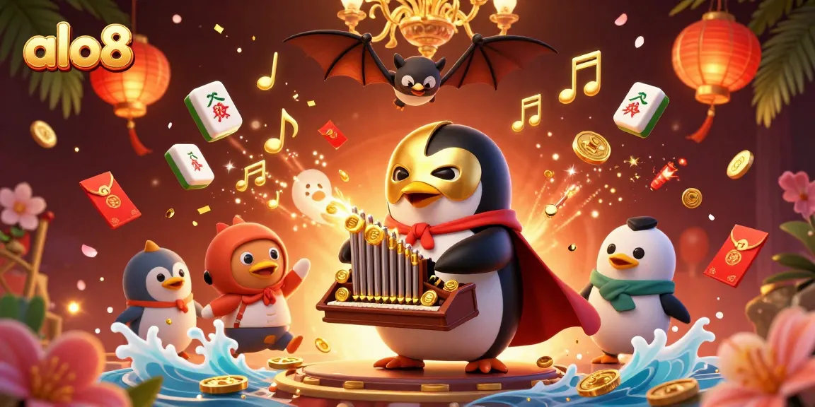 Engage with ALO8's vibrant casino world featuring a whimsical penguin and acrobatic elements.