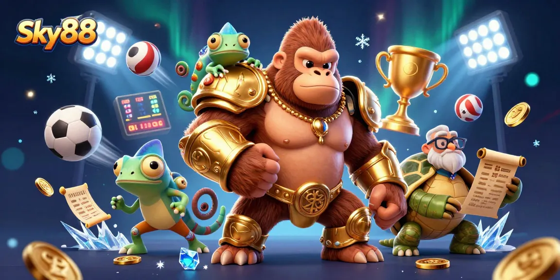 Sky88 ignites excitement with a vibrant scene of a powerful gorilla and colorful characters in a dynamic casino atmosphere.
