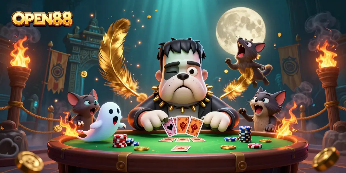 Experience the excitement of OPEN88 with a dynamic scene featuring unique characters and thrilling casino elements.