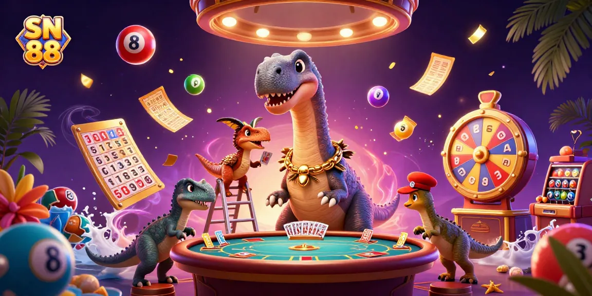 Engage in thrilling betting adventures with SN 88's vibrant casino illustration featuring lively characters.
