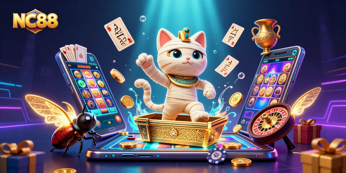 Spin and win at NC88 with vibrant games and dynamic casino elements featured in this magical 3D scene.