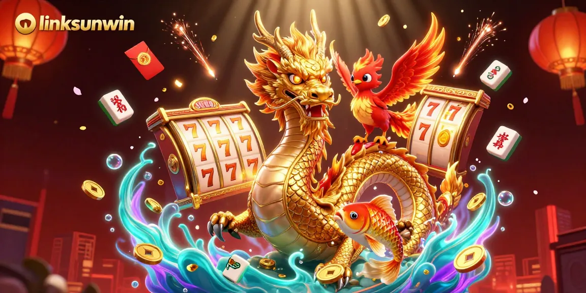 Experience linksunwin with thrilling dragons, vibrant koi fish, and captivating slot elements in a dynamic casino scene.