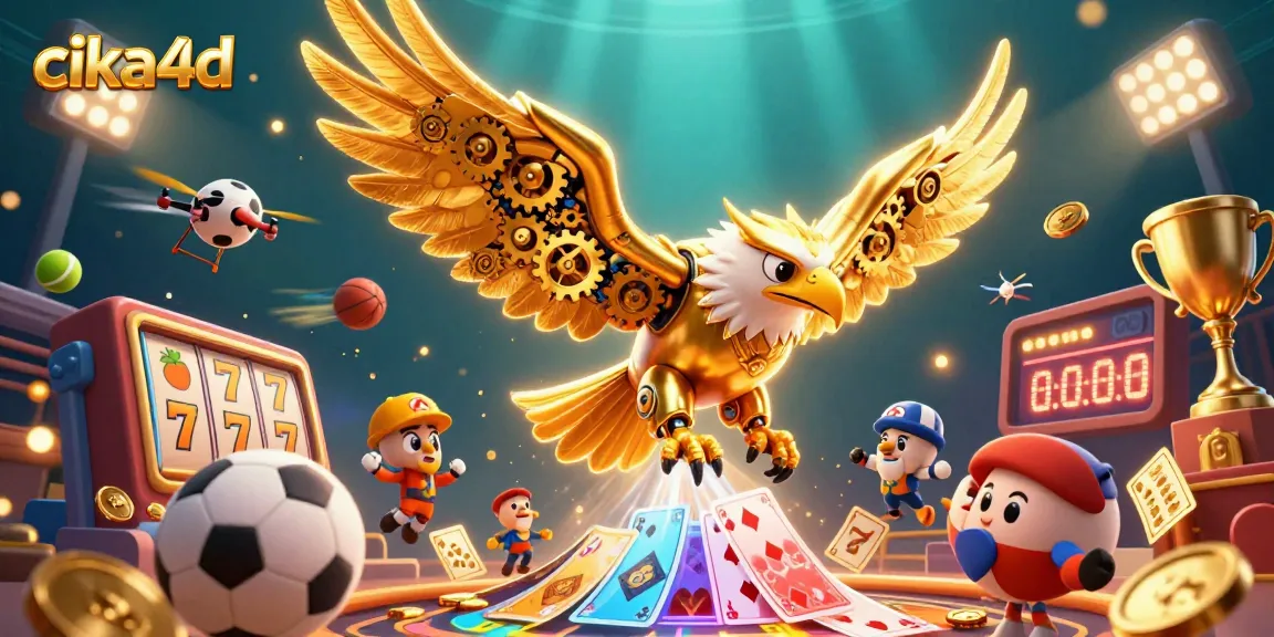 Experience thrilling gaming with cika4d's animated golden eagle surrounded by slots and vibrant casino elements.