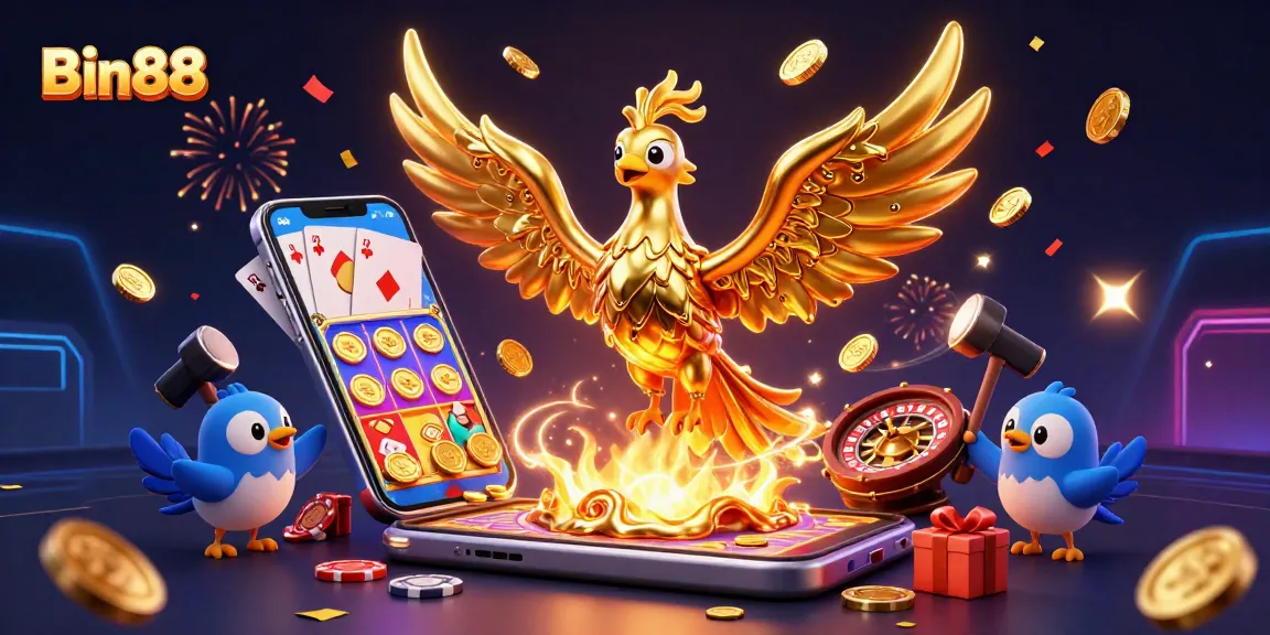 Experience the thrill of Bin88's golden phoenix rising amidst exciting casino game elements.