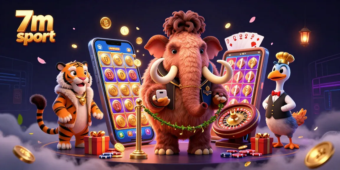 Engage with 7m sport at a vibrant casino scene featuring cartoon characters and dynamic game elements.