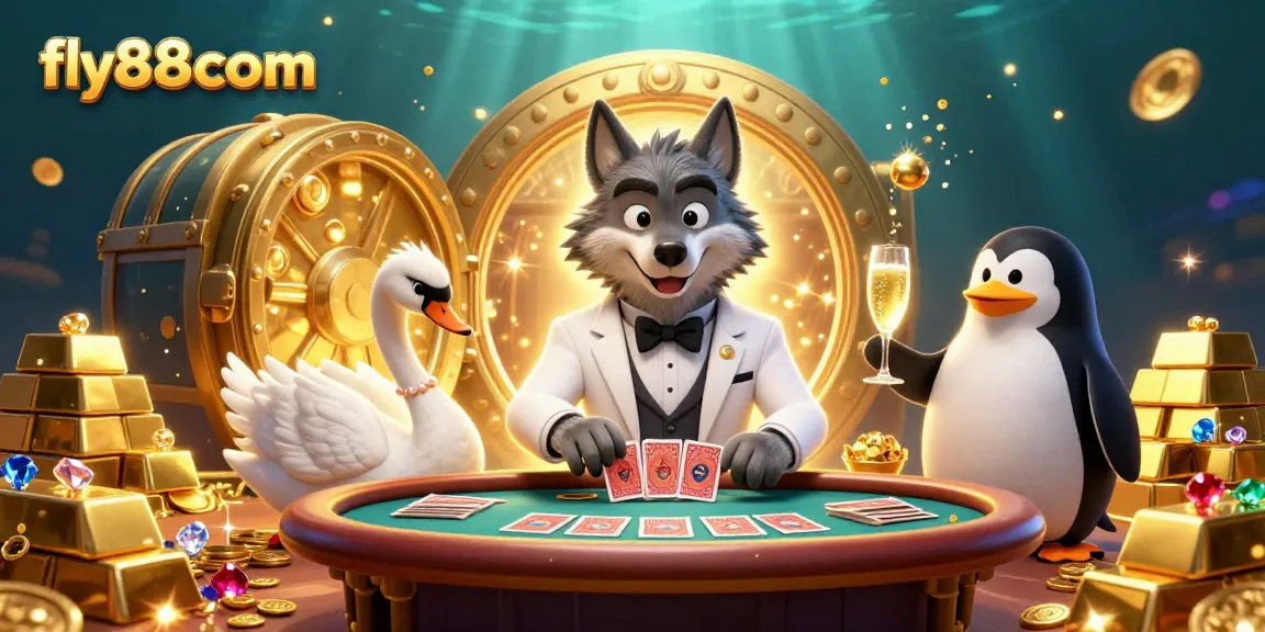 Bet at fly88com, featuring a debonair wolf at a lively baccarat table with a swan dealer and a penguin sommelier.