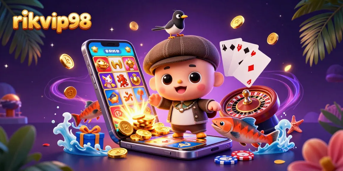 Engage with the vibrant world of rikvip98 featuring 3D cartoon characters in a lively casino scene.