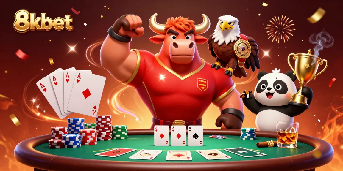 Win big with 8xbet as a muscular bull mascot celebrates victory in this vibrant casino scene.