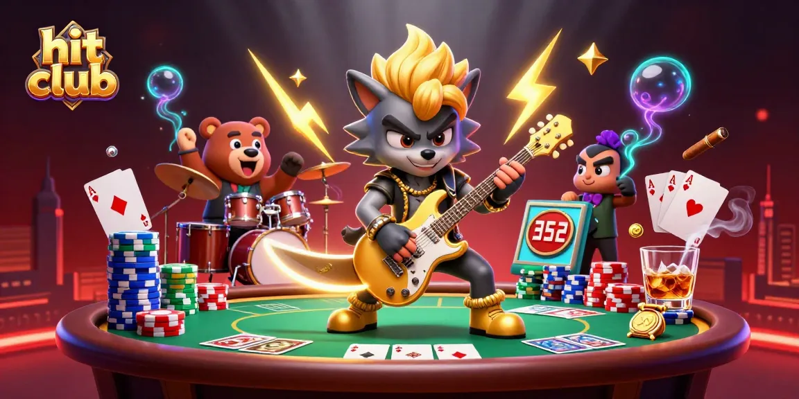 Experience the thrill of hit club with a vibrant wolf guitarist and bear drummer on stage amid colorful poker elements.