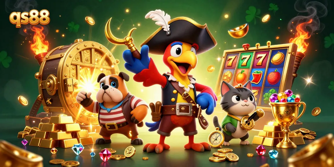 Experience the thrill of qs88 with pirates, treasure, and vibrant slot reels in this captivating scene.